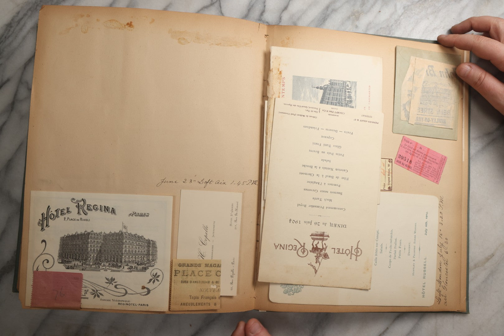 Lot 084 - Antique Light Blue "The Nonpareil" Scrapbook Album With Gold Lettering And Borders, Spain And England Travel Ephemera, Patent March 1876, Heavily Worn White Lettering Reads "Southern Spain And English Cathedrals 1904"