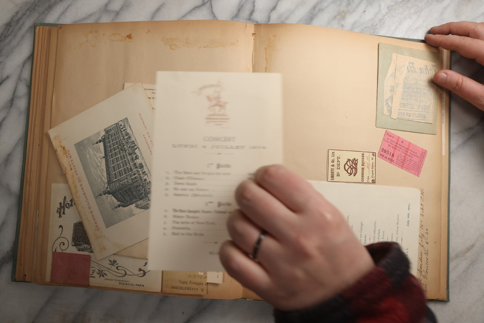 Lot 084 - Antique Light Blue "The Nonpareil" Scrapbook Album With Gold Lettering And Borders, Spain And England Travel Ephemera, Patent March 1876, Heavily Worn White Lettering Reads "Southern Spain And English Cathedrals 1904"