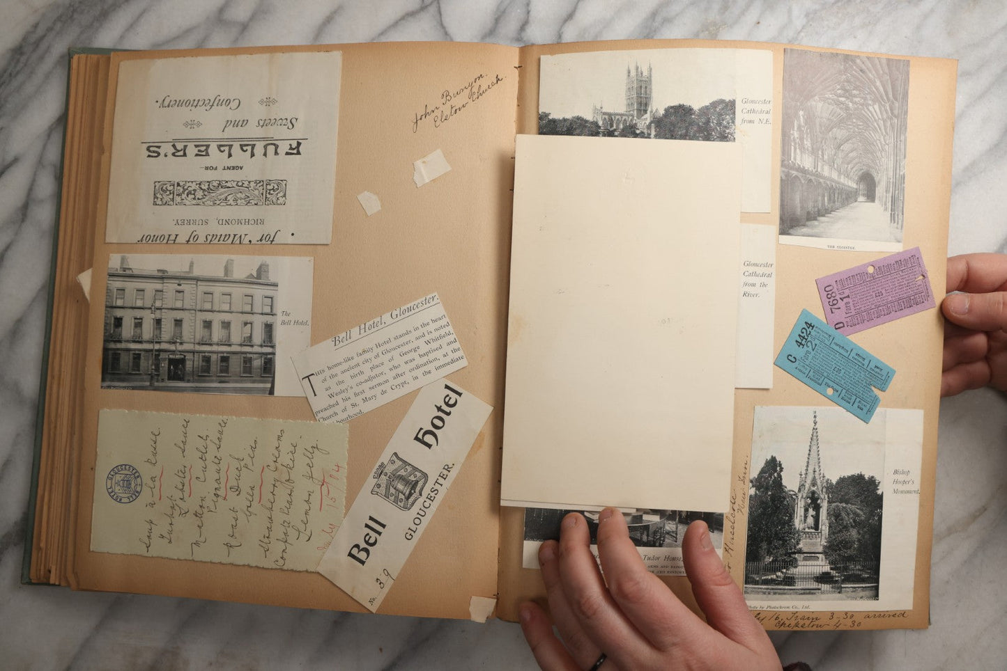 Lot 084 - Antique Light Blue "The Nonpareil" Scrapbook Album With Gold Lettering And Borders, Spain And England Travel Ephemera, Patent March 1876, Heavily Worn White Lettering Reads "Southern Spain And English Cathedrals 1904"