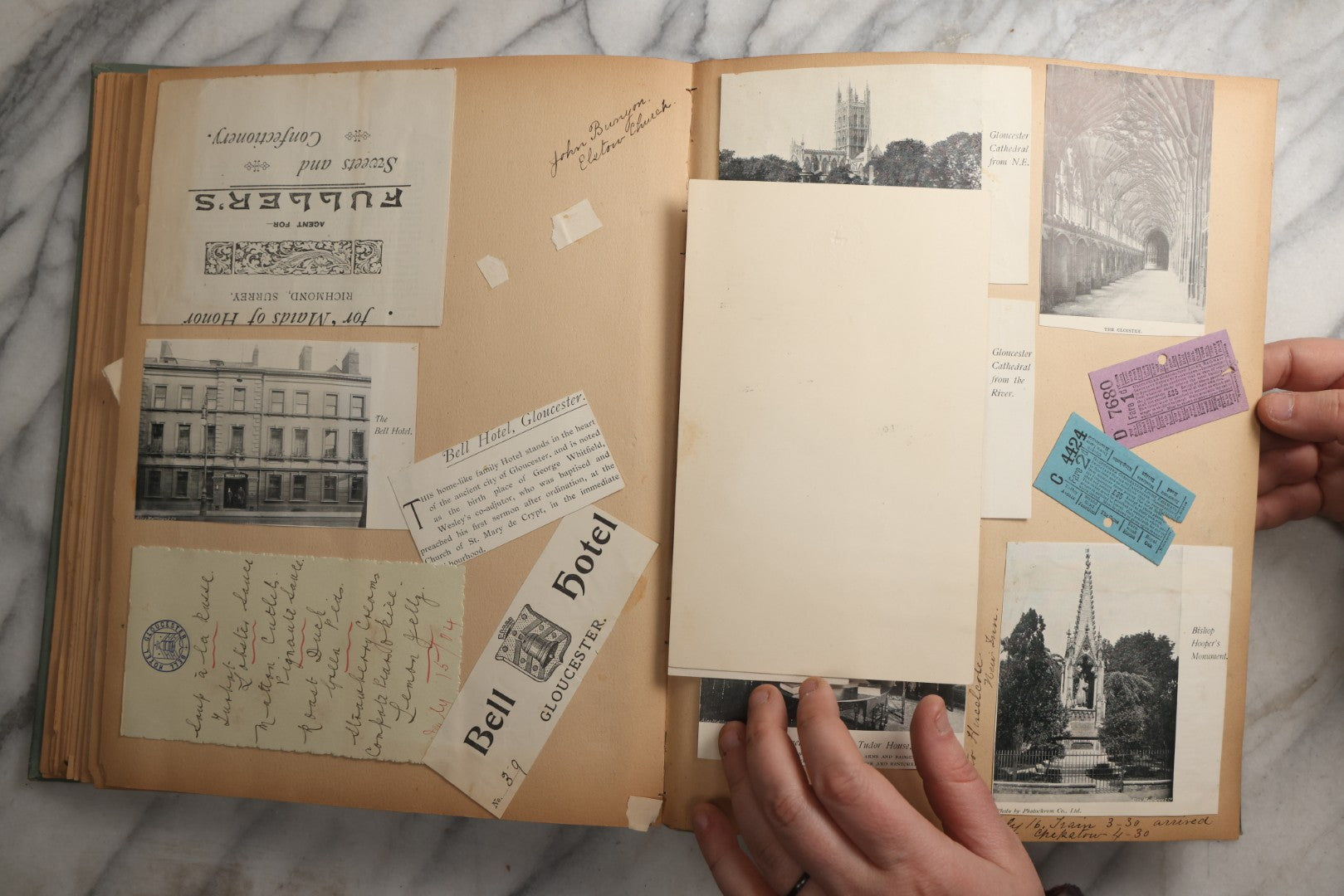 Lot 084 - Antique Light Blue "The Nonpareil" Scrapbook Album With Gold Lettering And Borders, Spain And England Travel Ephemera, Patent March 1876, Heavily Worn White Lettering Reads "Southern Spain And English Cathedrals 1904"