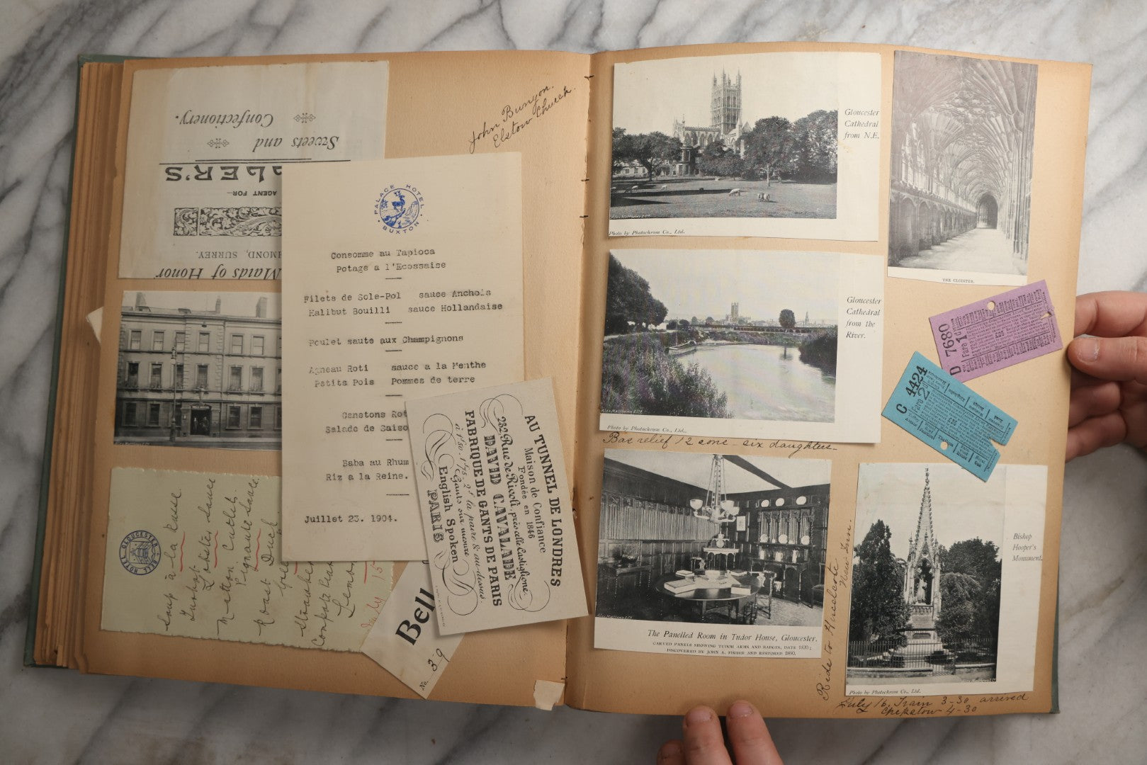 Lot 084 - Antique Light Blue "The Nonpareil" Scrapbook Album With Gold Lettering And Borders, Spain And England Travel Ephemera, Patent March 1876, Heavily Worn White Lettering Reads "Southern Spain And English Cathedrals 1904"