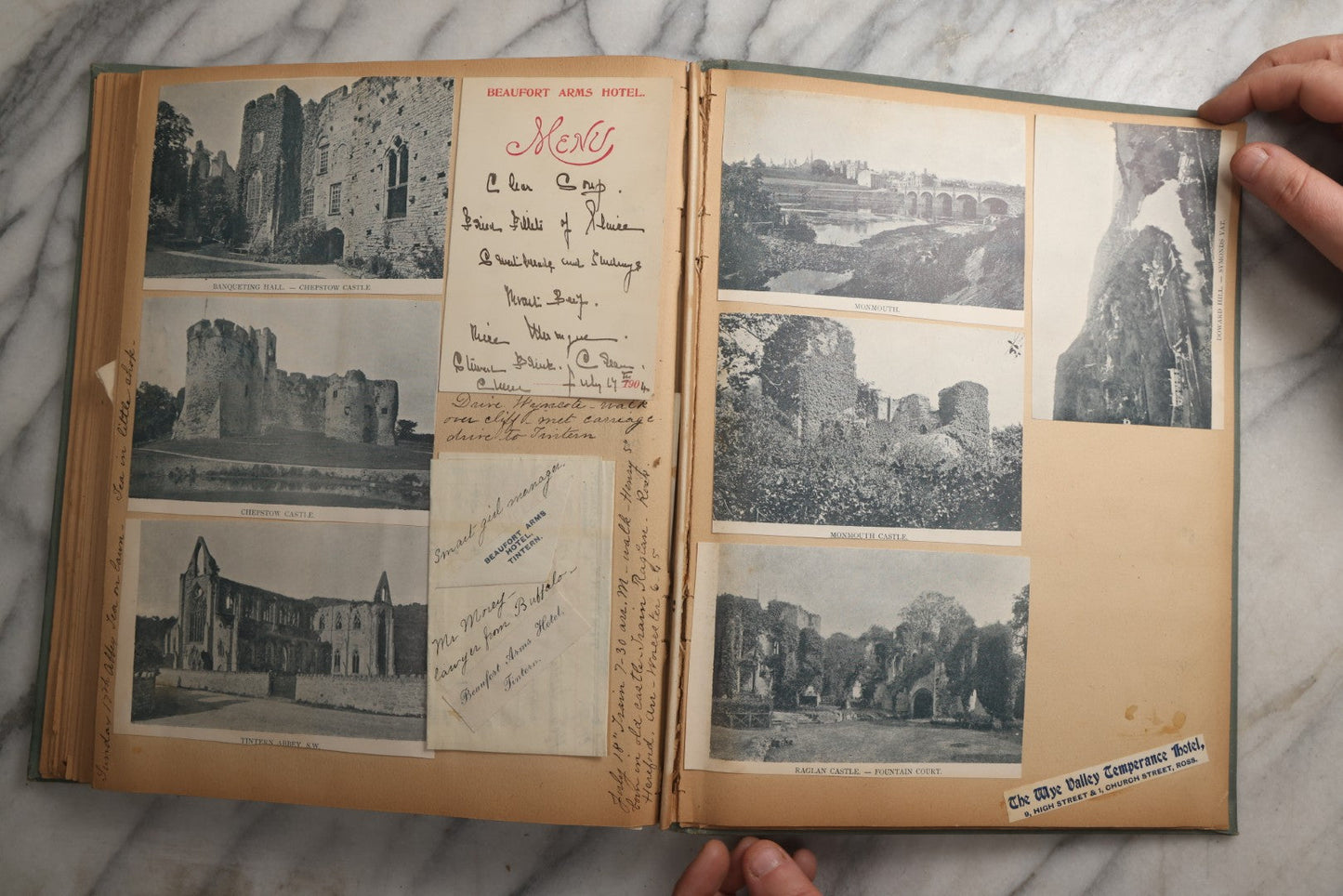 Lot 084 - Antique Light Blue "The Nonpareil" Scrapbook Album With Gold Lettering And Borders, Spain And England Travel Ephemera, Patent March 1876, Heavily Worn White Lettering Reads "Southern Spain And English Cathedrals 1904"