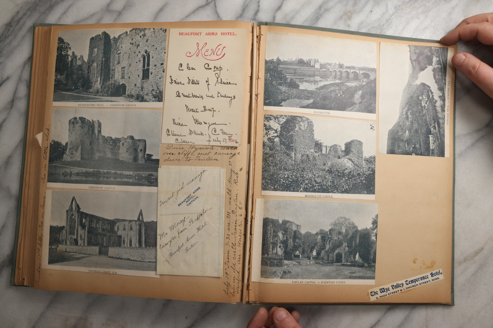 Lot 084 - Antique Light Blue "The Nonpareil" Scrapbook Album With Gold Lettering And Borders, Spain And England Travel Ephemera, Patent March 1876, Heavily Worn White Lettering Reads "Southern Spain And English Cathedrals 1904"