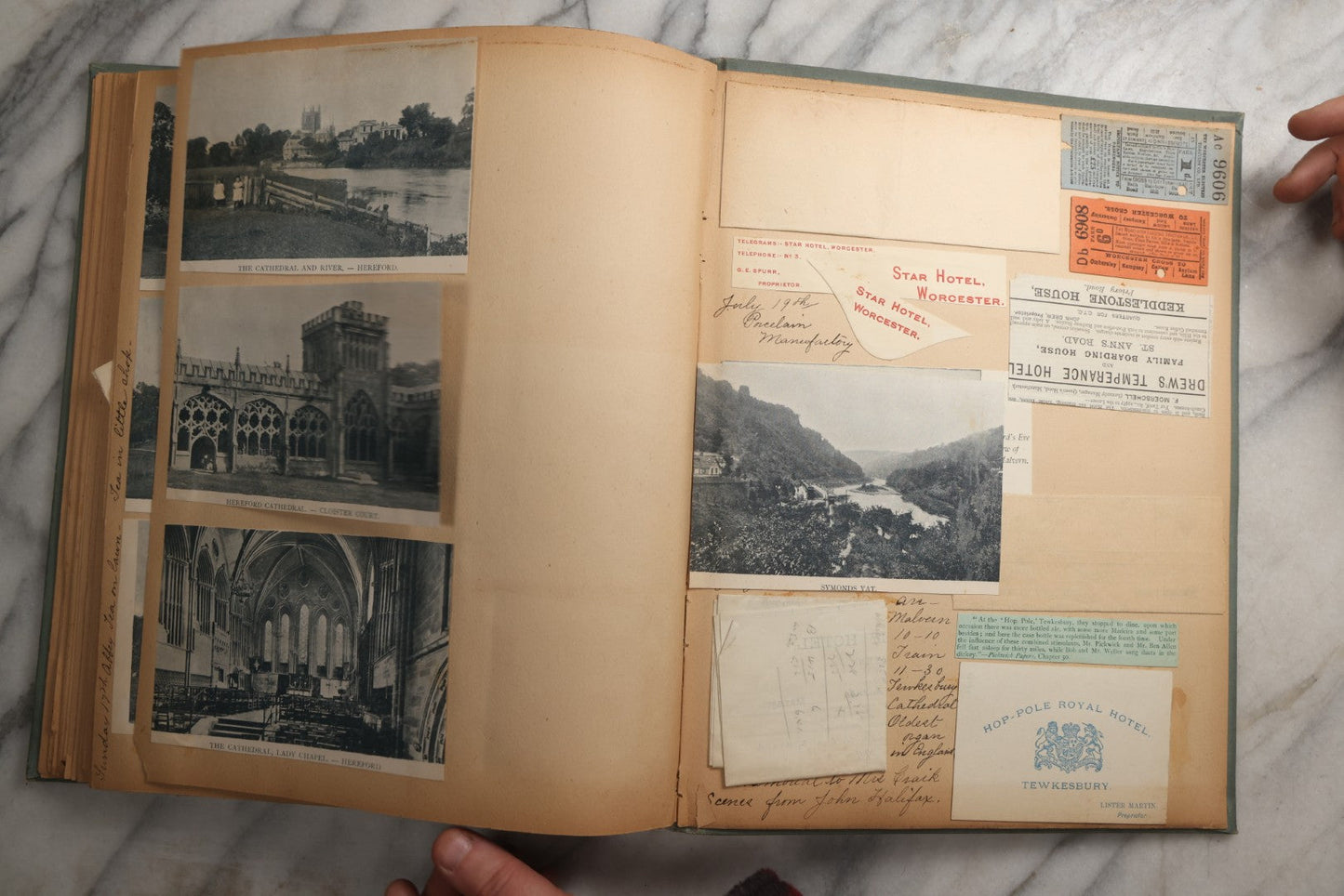 Lot 084 - Antique Light Blue "The Nonpareil" Scrapbook Album With Gold Lettering And Borders, Spain And England Travel Ephemera, Patent March 1876, Heavily Worn White Lettering Reads "Southern Spain And English Cathedrals 1904"