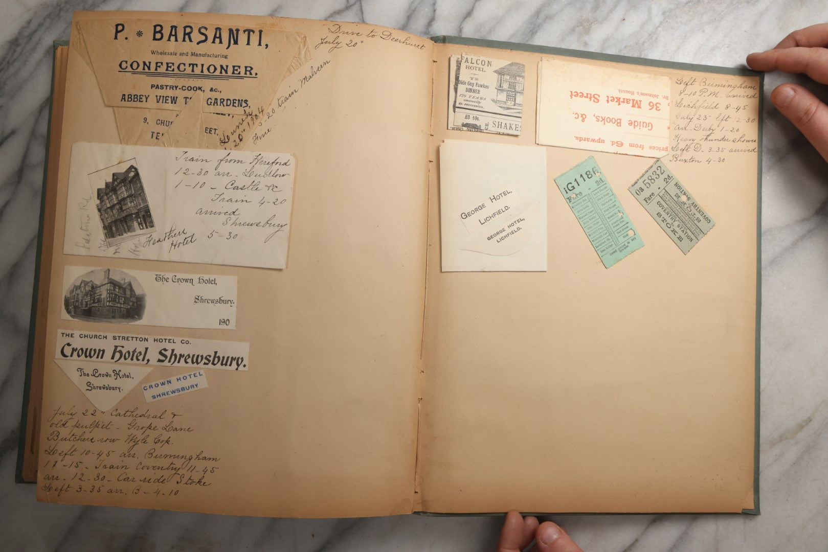 Lot 084 - Antique Light Blue "The Nonpareil" Scrapbook Album With Gold Lettering And Borders, Spain And England Travel Ephemera, Patent March 1876, Heavily Worn White Lettering Reads "Southern Spain And English Cathedrals 1904"
