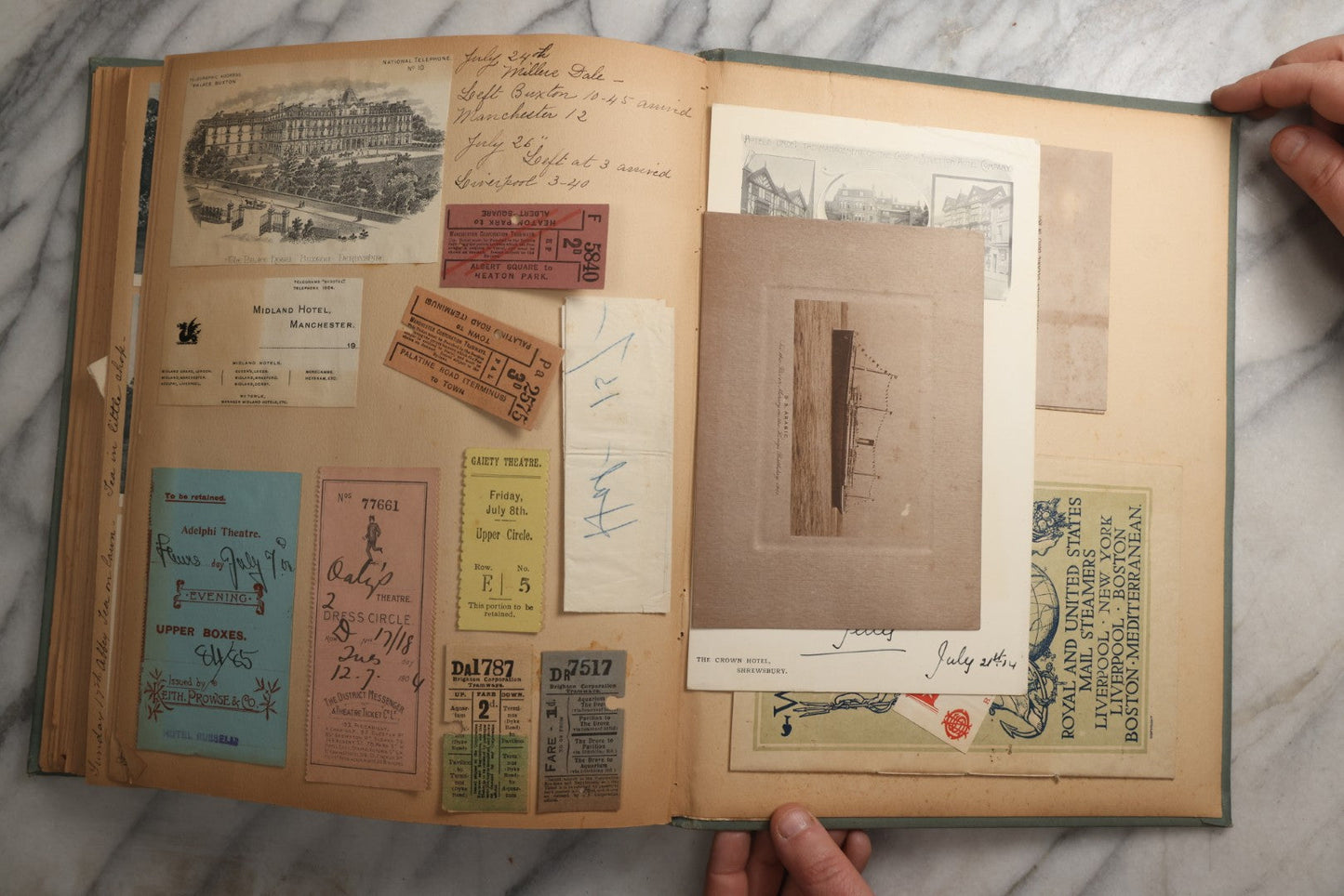 Lot 084 - Antique Light Blue "The Nonpareil" Scrapbook Album With Gold Lettering And Borders, Spain And England Travel Ephemera, Patent March 1876, Heavily Worn White Lettering Reads "Southern Spain And English Cathedrals 1904"