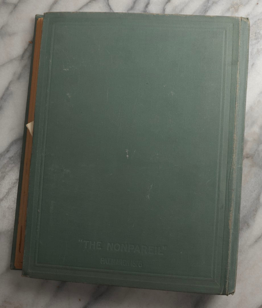 Lot 084 - Antique Light Blue "The Nonpareil" Scrapbook Album With Gold Lettering And Borders, Spain And England Travel Ephemera, Patent March 1876, Heavily Worn White Lettering Reads "Southern Spain And English Cathedrals 1904"