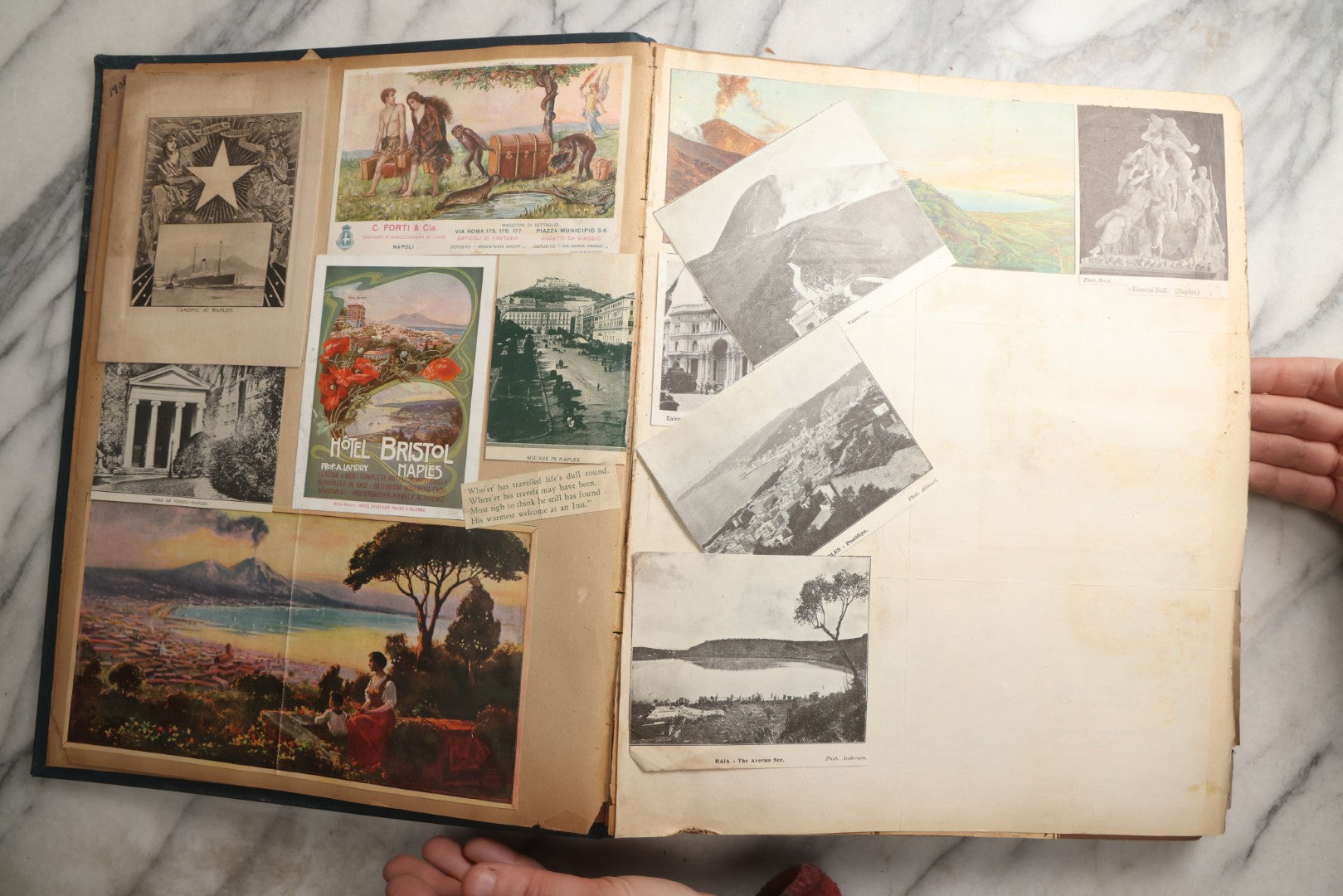 Lot 085 - Antique Blue Scrapbook Album With Gold Lettering, Gold Borders On Front Cover, Gold Lines On Spine, European Travel Ephemera Including Italy, Germany, England, Prague, Pressed Flowers Throughout, Patent March 1876, Circa 1906