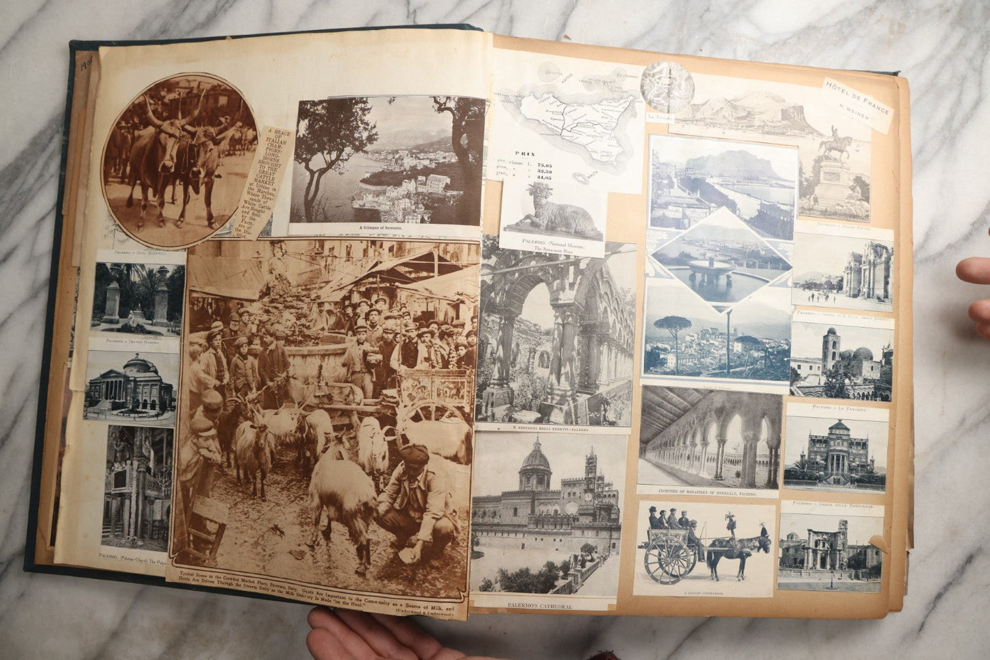 Lot 085 - Antique Blue Scrapbook Album With Gold Lettering, Gold Borders On Front Cover, Gold Lines On Spine, European Travel Ephemera Including Italy, Germany, England, Prague, Pressed Flowers Throughout, Patent March 1876, Circa 1906