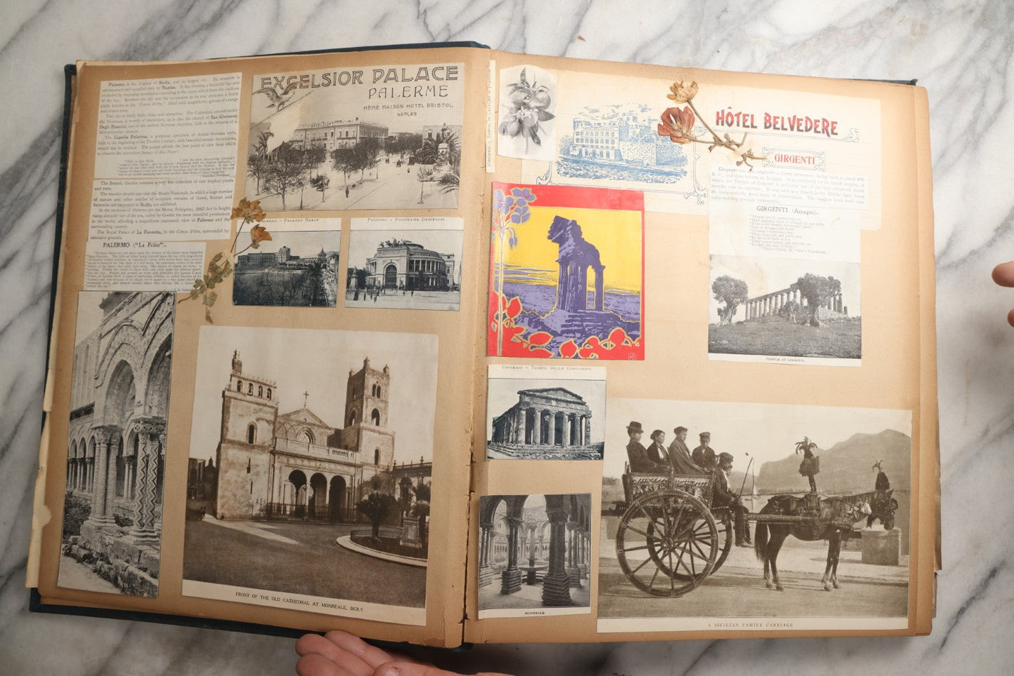 Lot 085 - Antique Blue Scrapbook Album With Gold Lettering, Gold Borders On Front Cover, Gold Lines On Spine, European Travel Ephemera Including Italy, Germany, England, Prague, Pressed Flowers Throughout, Patent March 1876, Circa 1906