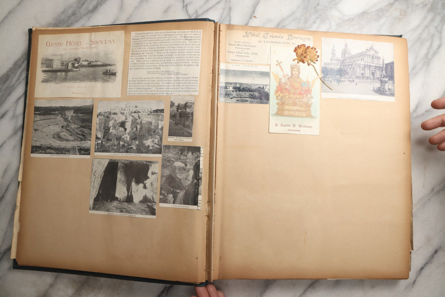 Lot 085 - Antique Blue Scrapbook Album With Gold Lettering, Gold Borders On Front Cover, Gold Lines On Spine, European Travel Ephemera Including Italy, Germany, England, Prague, Pressed Flowers Throughout, Patent March 1876, Circa 1906