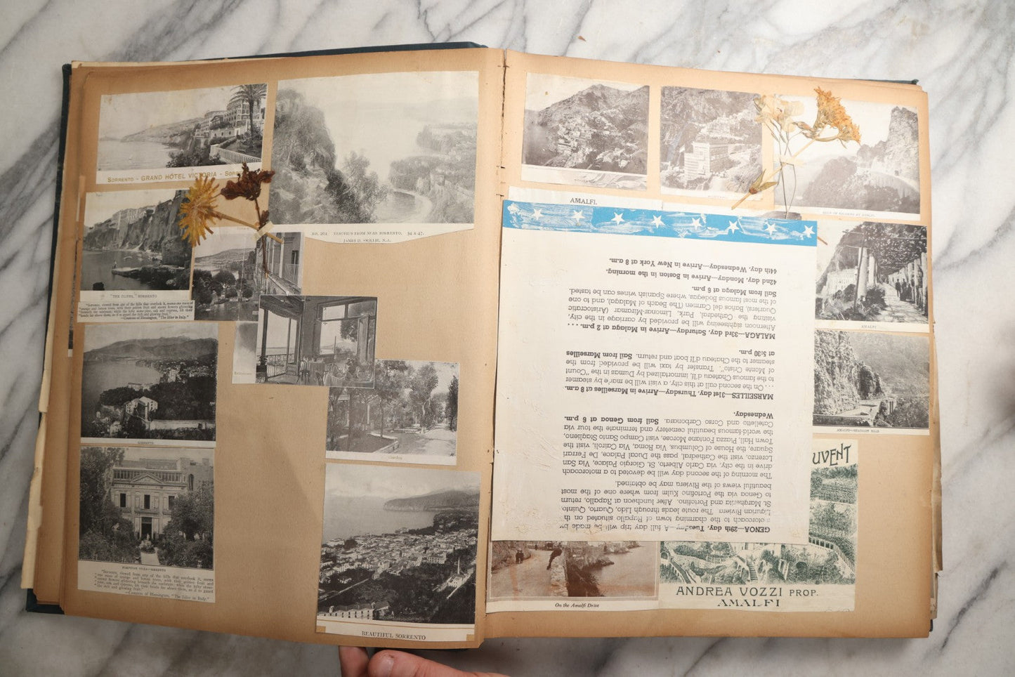 Lot 085 - Antique Blue Scrapbook Album With Gold Lettering, Gold Borders On Front Cover, Gold Lines On Spine, European Travel Ephemera Including Italy, Germany, England, Prague, Pressed Flowers Throughout, Patent March 1876, Circa 1906