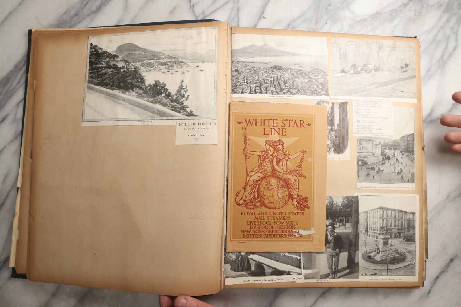 Lot 085 - Antique Blue Scrapbook Album With Gold Lettering, Gold Borders On Front Cover, Gold Lines On Spine, European Travel Ephemera Including Italy, Germany, England, Prague, Pressed Flowers Throughout, Patent March 1876, Circa 1906