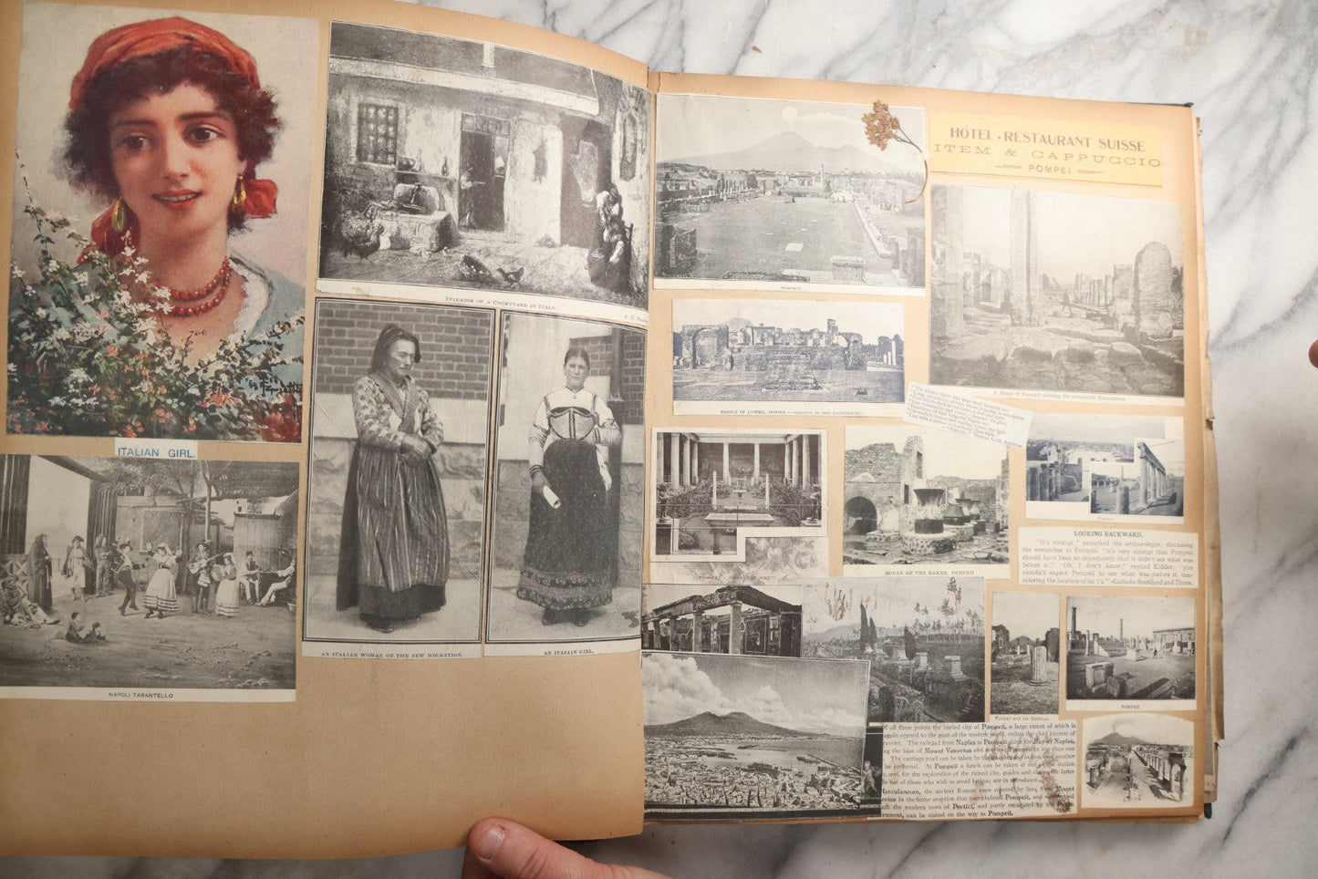 Lot 085 - Antique Blue Scrapbook Album With Gold Lettering, Gold Borders On Front Cover, Gold Lines On Spine, European Travel Ephemera Including Italy, Germany, England, Prague, Pressed Flowers Throughout, Patent March 1876, Circa 1906