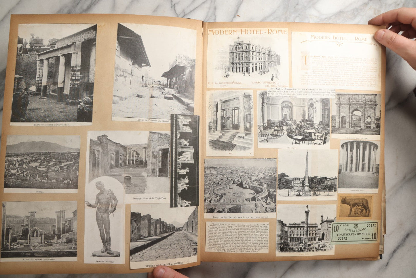 Lot 085 - Antique Blue Scrapbook Album With Gold Lettering, Gold Borders On Front Cover, Gold Lines On Spine, European Travel Ephemera Including Italy, Germany, England, Prague, Pressed Flowers Throughout, Patent March 1876, Circa 1906