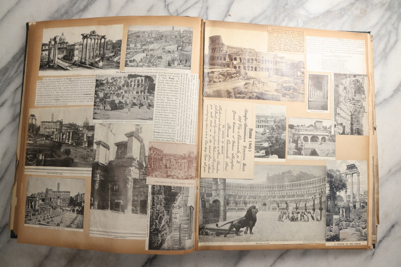 Lot 085 - Antique Blue Scrapbook Album With Gold Lettering, Gold Borders On Front Cover, Gold Lines On Spine, European Travel Ephemera Including Italy, Germany, England, Prague, Pressed Flowers Throughout, Patent March 1876, Circa 1906