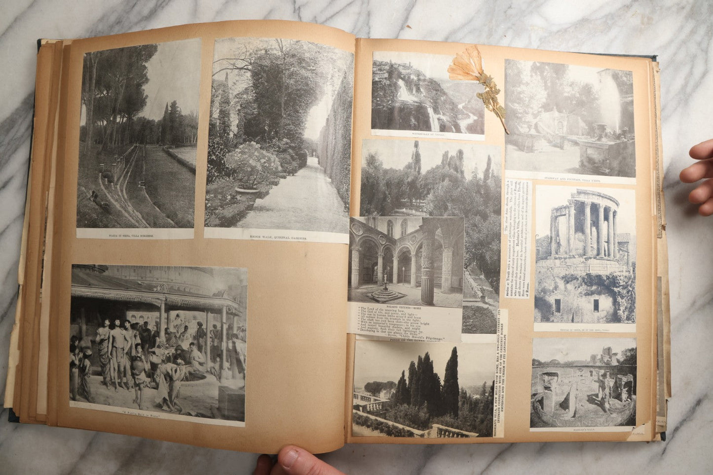 Lot 085 - Antique Blue Scrapbook Album With Gold Lettering, Gold Borders On Front Cover, Gold Lines On Spine, European Travel Ephemera Including Italy, Germany, England, Prague, Pressed Flowers Throughout, Patent March 1876, Circa 1906