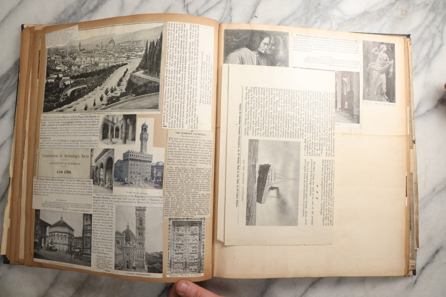 Lot 085 - Antique Blue Scrapbook Album With Gold Lettering, Gold Borders On Front Cover, Gold Lines On Spine, European Travel Ephemera Including Italy, Germany, England, Prague, Pressed Flowers Throughout, Patent March 1876, Circa 1906