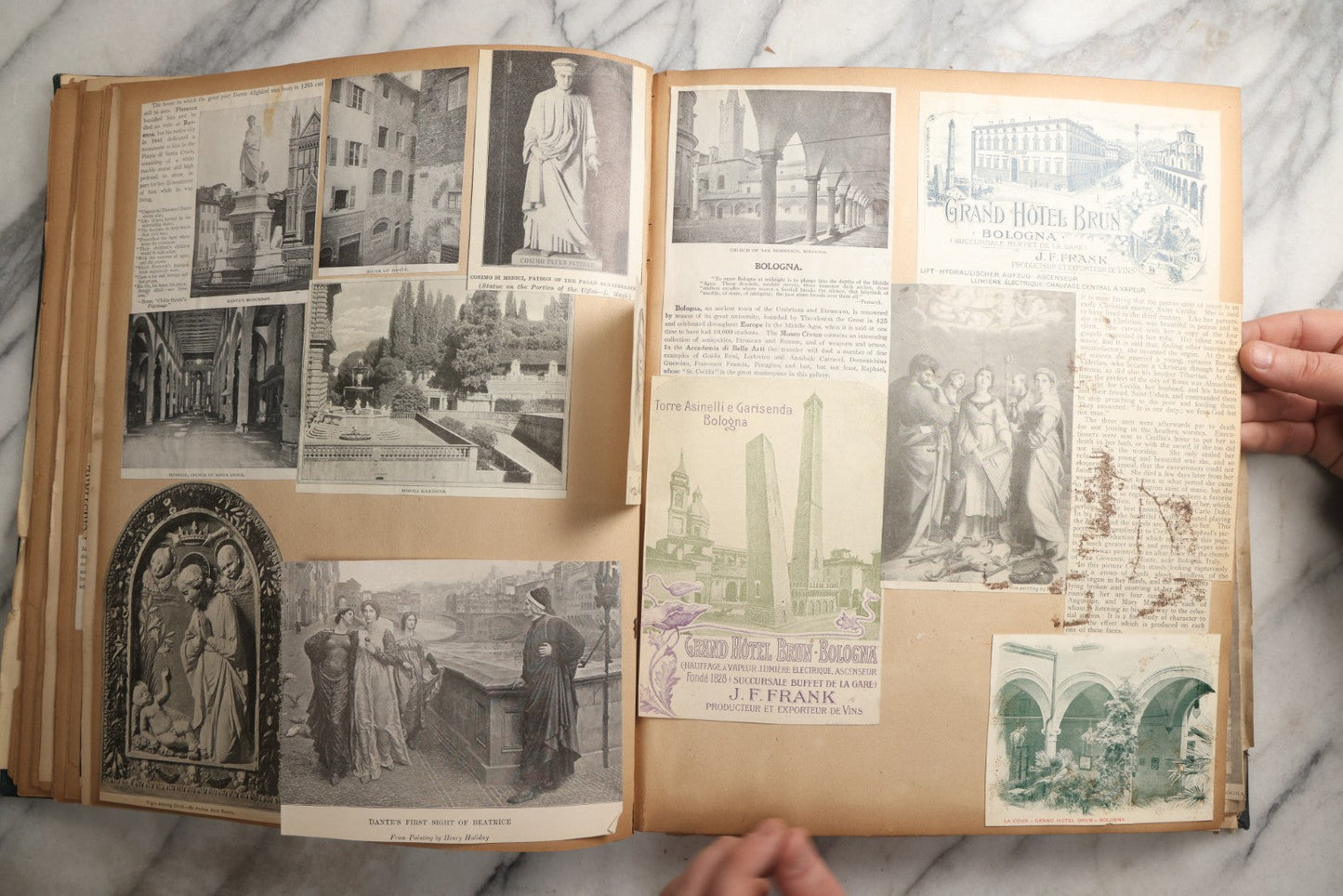 Lot 085 - Antique Blue Scrapbook Album With Gold Lettering, Gold Borders On Front Cover, Gold Lines On Spine, European Travel Ephemera Including Italy, Germany, England, Prague, Pressed Flowers Throughout, Patent March 1876, Circa 1906