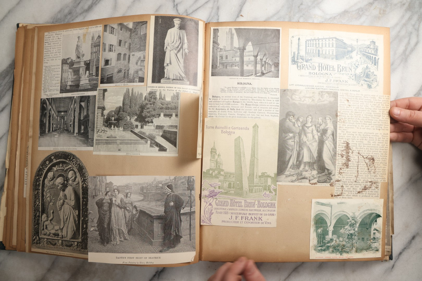 Lot 085 - Antique Blue Scrapbook Album With Gold Lettering, Gold Borders On Front Cover, Gold Lines On Spine, European Travel Ephemera Including Italy, Germany, England, Prague, Pressed Flowers Throughout, Patent March 1876, Circa 1906