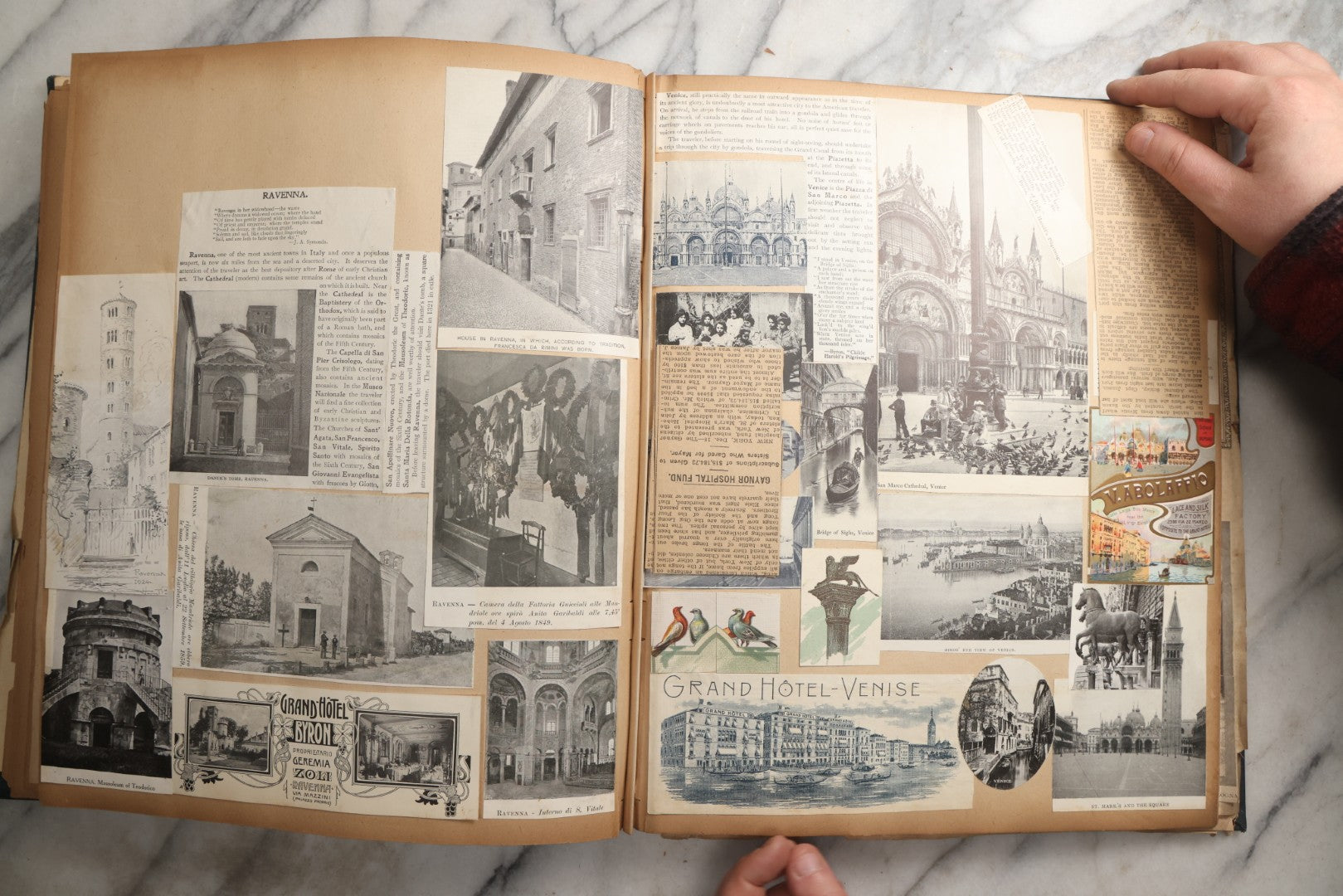 Lot 085 - Antique Blue Scrapbook Album With Gold Lettering, Gold Borders On Front Cover, Gold Lines On Spine, European Travel Ephemera Including Italy, Germany, England, Prague, Pressed Flowers Throughout, Patent March 1876, Circa 1906