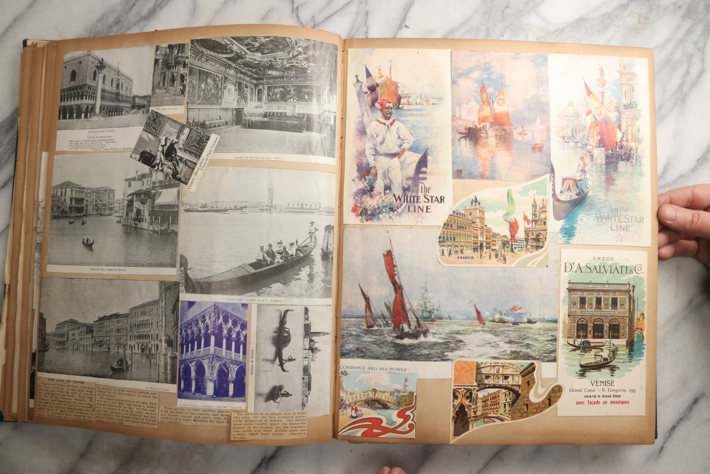 Lot 085 - Antique Blue Scrapbook Album With Gold Lettering, Gold Borders On Front Cover, Gold Lines On Spine, European Travel Ephemera Including Italy, Germany, England, Prague, Pressed Flowers Throughout, Patent March 1876, Circa 1906