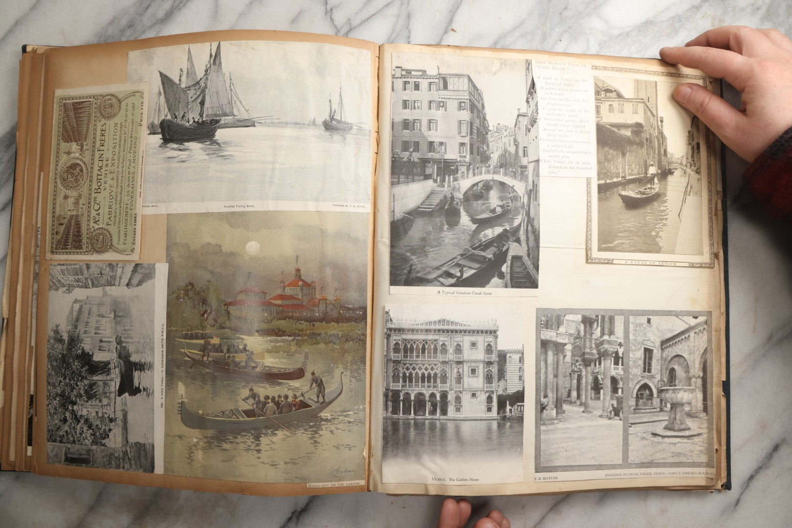 Lot 085 - Antique Blue Scrapbook Album With Gold Lettering, Gold Borders On Front Cover, Gold Lines On Spine, European Travel Ephemera Including Italy, Germany, England, Prague, Pressed Flowers Throughout, Patent March 1876, Circa 1906