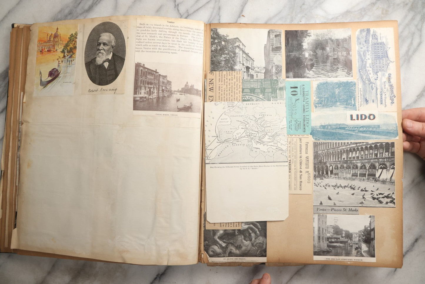 Lot 085 - Antique Blue Scrapbook Album With Gold Lettering, Gold Borders On Front Cover, Gold Lines On Spine, European Travel Ephemera Including Italy, Germany, England, Prague, Pressed Flowers Throughout, Patent March 1876, Circa 1906