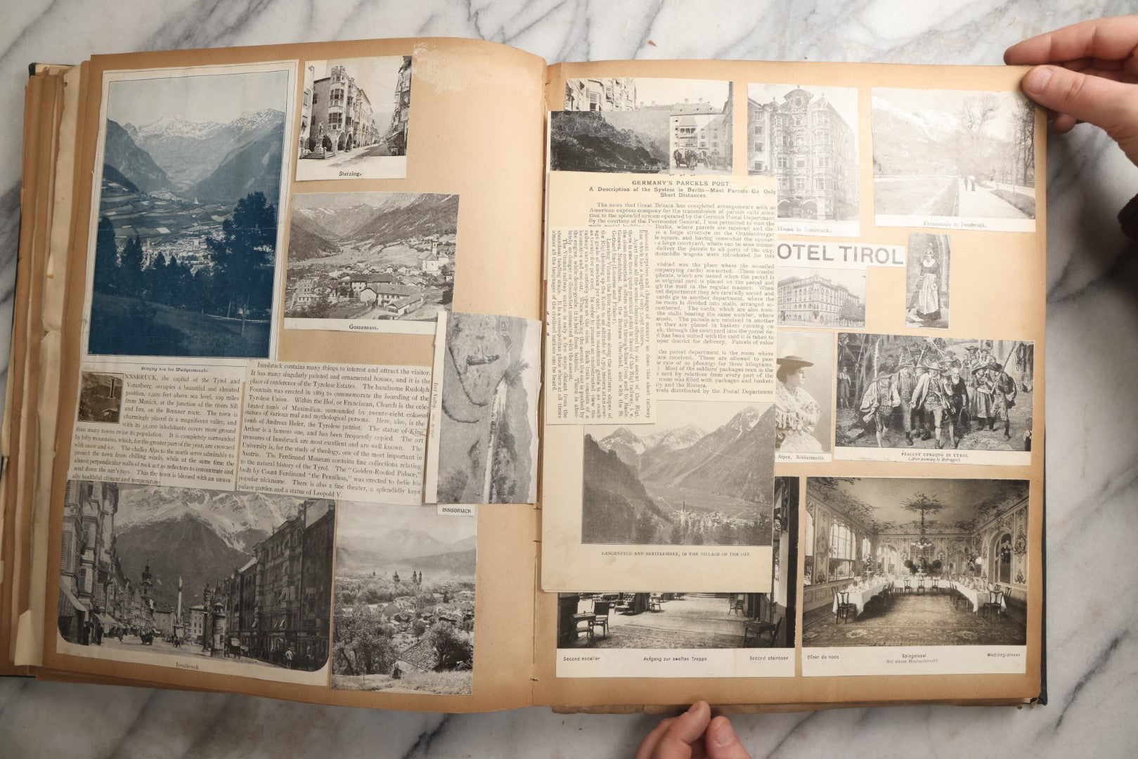 Lot 085 - Antique Blue Scrapbook Album With Gold Lettering, Gold Borders On Front Cover, Gold Lines On Spine, European Travel Ephemera Including Italy, Germany, England, Prague, Pressed Flowers Throughout, Patent March 1876, Circa 1906