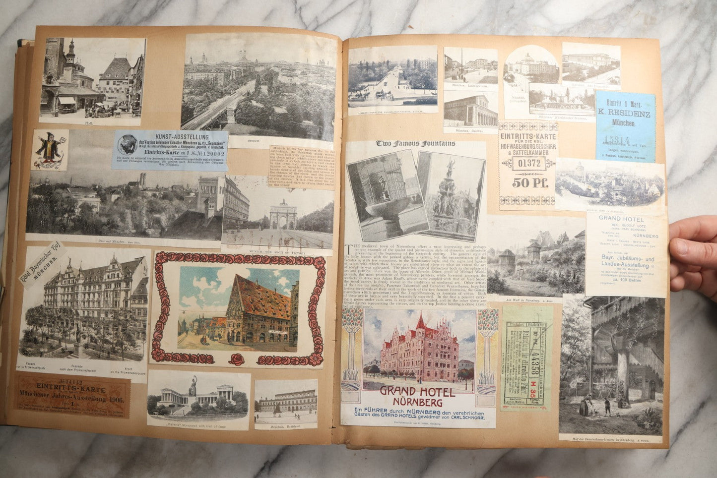 Lot 085 - Antique Blue Scrapbook Album With Gold Lettering, Gold Borders On Front Cover, Gold Lines On Spine, European Travel Ephemera Including Italy, Germany, England, Prague, Pressed Flowers Throughout, Patent March 1876, Circa 1906