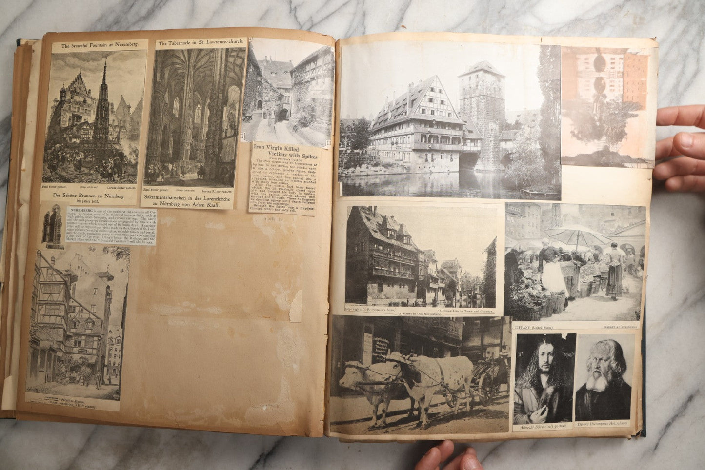 Lot 085 - Antique Blue Scrapbook Album With Gold Lettering, Gold Borders On Front Cover, Gold Lines On Spine, European Travel Ephemera Including Italy, Germany, England, Prague, Pressed Flowers Throughout, Patent March 1876, Circa 1906