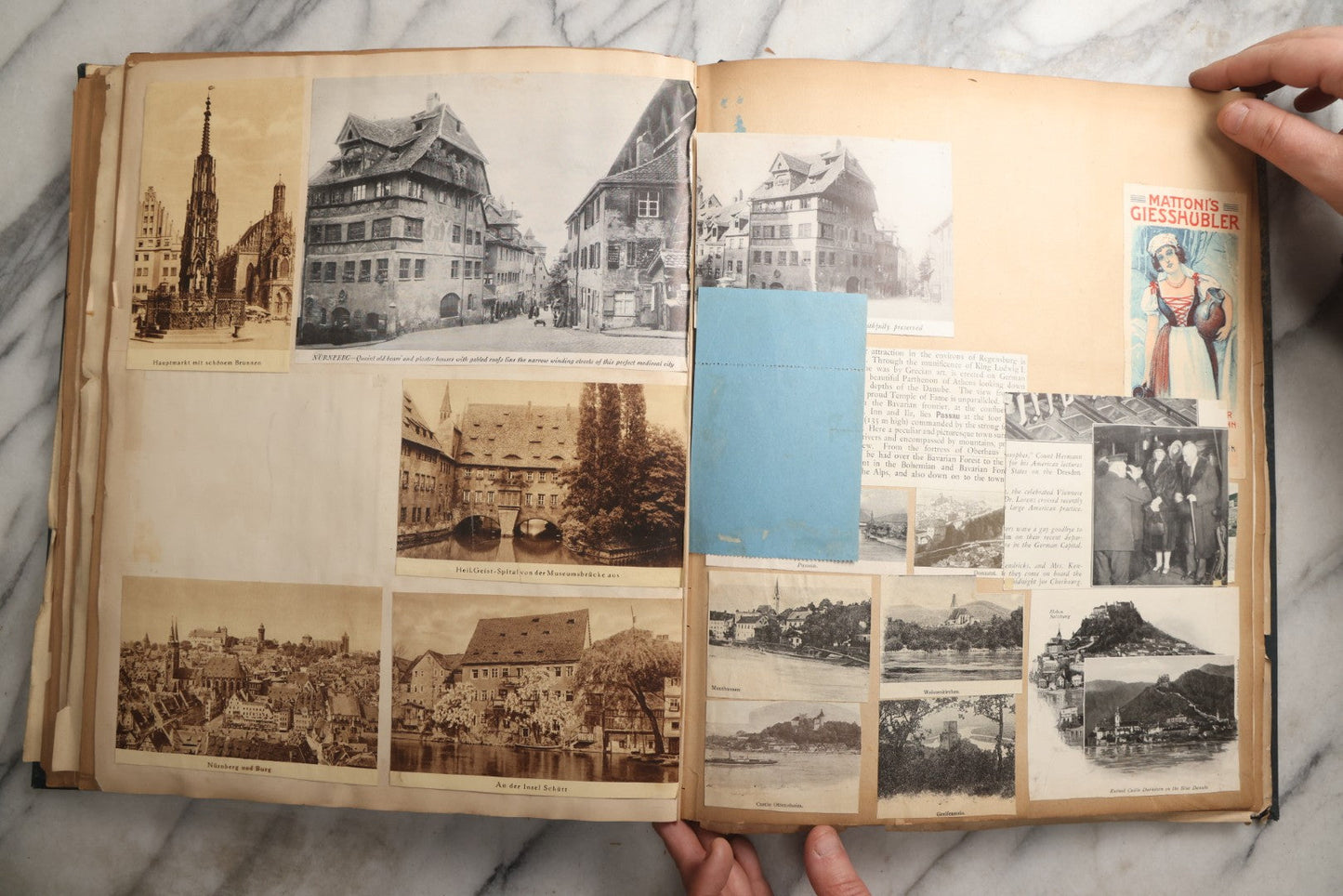 Lot 085 - Antique Blue Scrapbook Album With Gold Lettering, Gold Borders On Front Cover, Gold Lines On Spine, European Travel Ephemera Including Italy, Germany, England, Prague, Pressed Flowers Throughout, Patent March 1876, Circa 1906