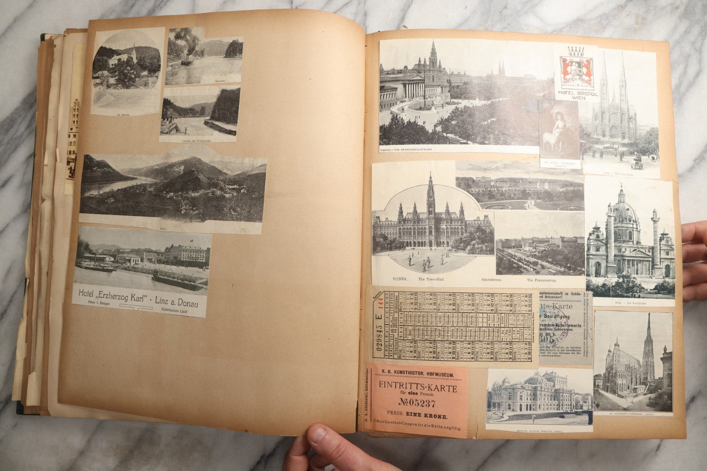 Lot 085 - Antique Blue Scrapbook Album With Gold Lettering, Gold Borders On Front Cover, Gold Lines On Spine, European Travel Ephemera Including Italy, Germany, England, Prague, Pressed Flowers Throughout, Patent March 1876, Circa 1906