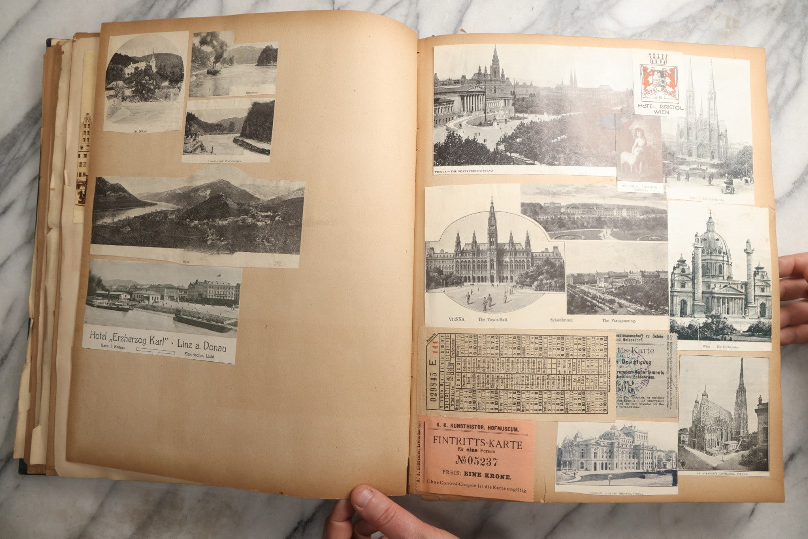 Lot 085 - Antique Blue Scrapbook Album With Gold Lettering, Gold Borders On Front Cover, Gold Lines On Spine, European Travel Ephemera Including Italy, Germany, England, Prague, Pressed Flowers Throughout, Patent March 1876, Circa 1906