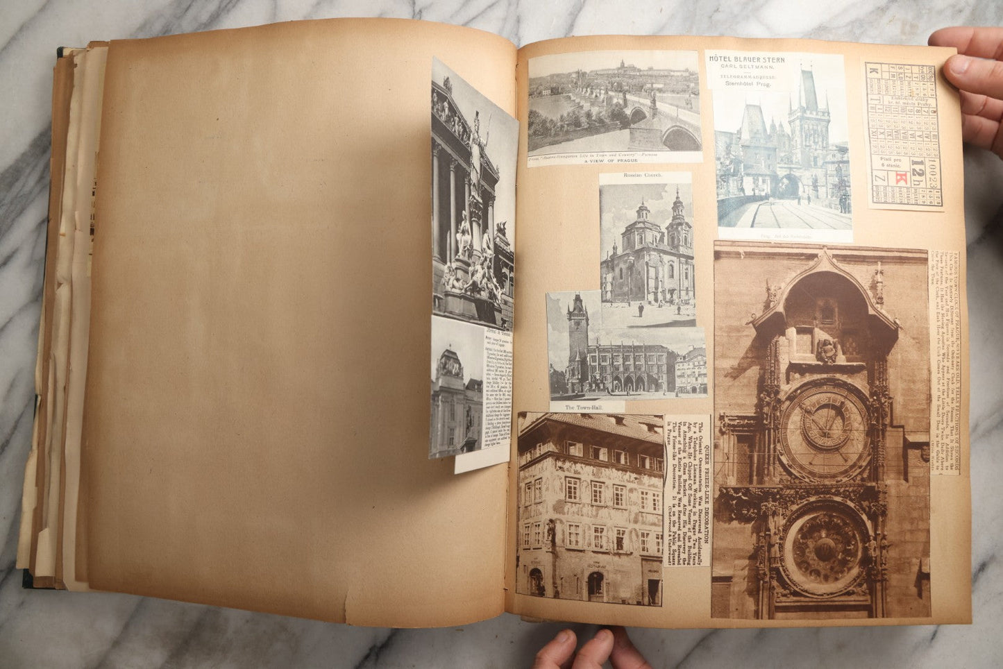 Lot 085 - Antique Blue Scrapbook Album With Gold Lettering, Gold Borders On Front Cover, Gold Lines On Spine, European Travel Ephemera Including Italy, Germany, England, Prague, Pressed Flowers Throughout, Patent March 1876, Circa 1906