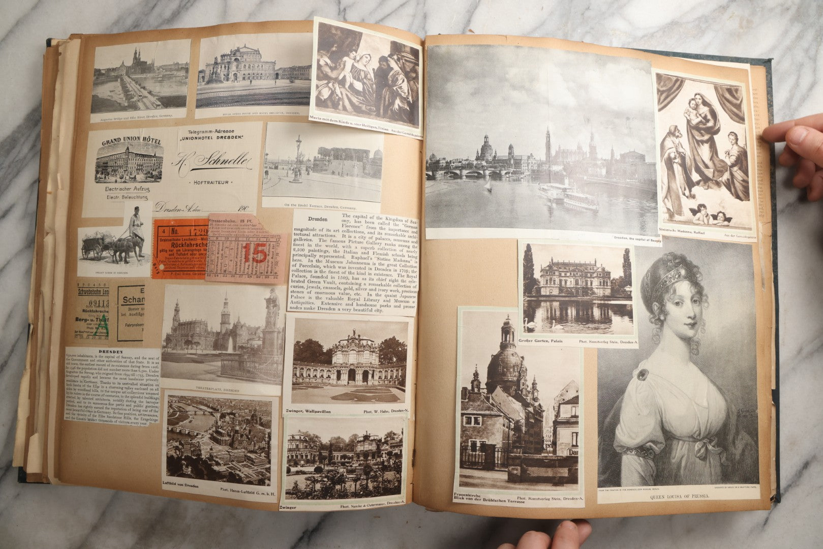 Lot 085 - Antique Blue Scrapbook Album With Gold Lettering, Gold Borders On Front Cover, Gold Lines On Spine, European Travel Ephemera Including Italy, Germany, England, Prague, Pressed Flowers Throughout, Patent March 1876, Circa 1906