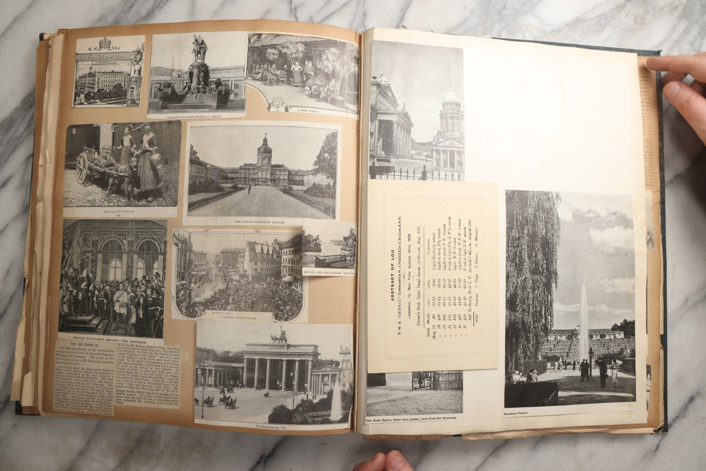 Lot 085 - Antique Blue Scrapbook Album With Gold Lettering, Gold Borders On Front Cover, Gold Lines On Spine, European Travel Ephemera Including Italy, Germany, England, Prague, Pressed Flowers Throughout, Patent March 1876, Circa 1906