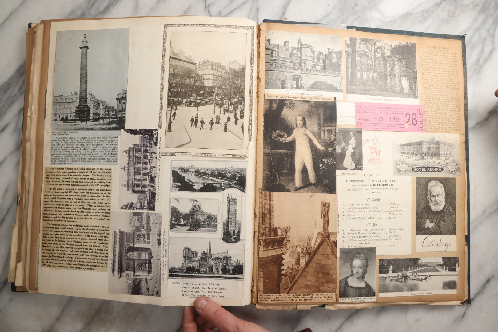 Lot 085 - Antique Blue Scrapbook Album With Gold Lettering, Gold Borders On Front Cover, Gold Lines On Spine, European Travel Ephemera Including Italy, Germany, England, Prague, Pressed Flowers Throughout, Patent March 1876, Circa 1906