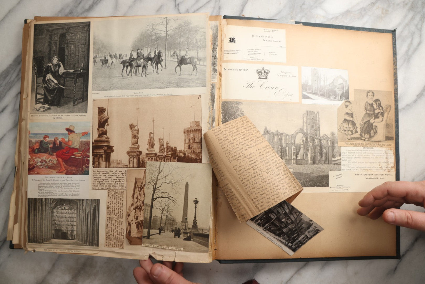 Lot 085 - Antique Blue Scrapbook Album With Gold Lettering, Gold Borders On Front Cover, Gold Lines On Spine, European Travel Ephemera Including Italy, Germany, England, Prague, Pressed Flowers Throughout, Patent March 1876, Circa 1906