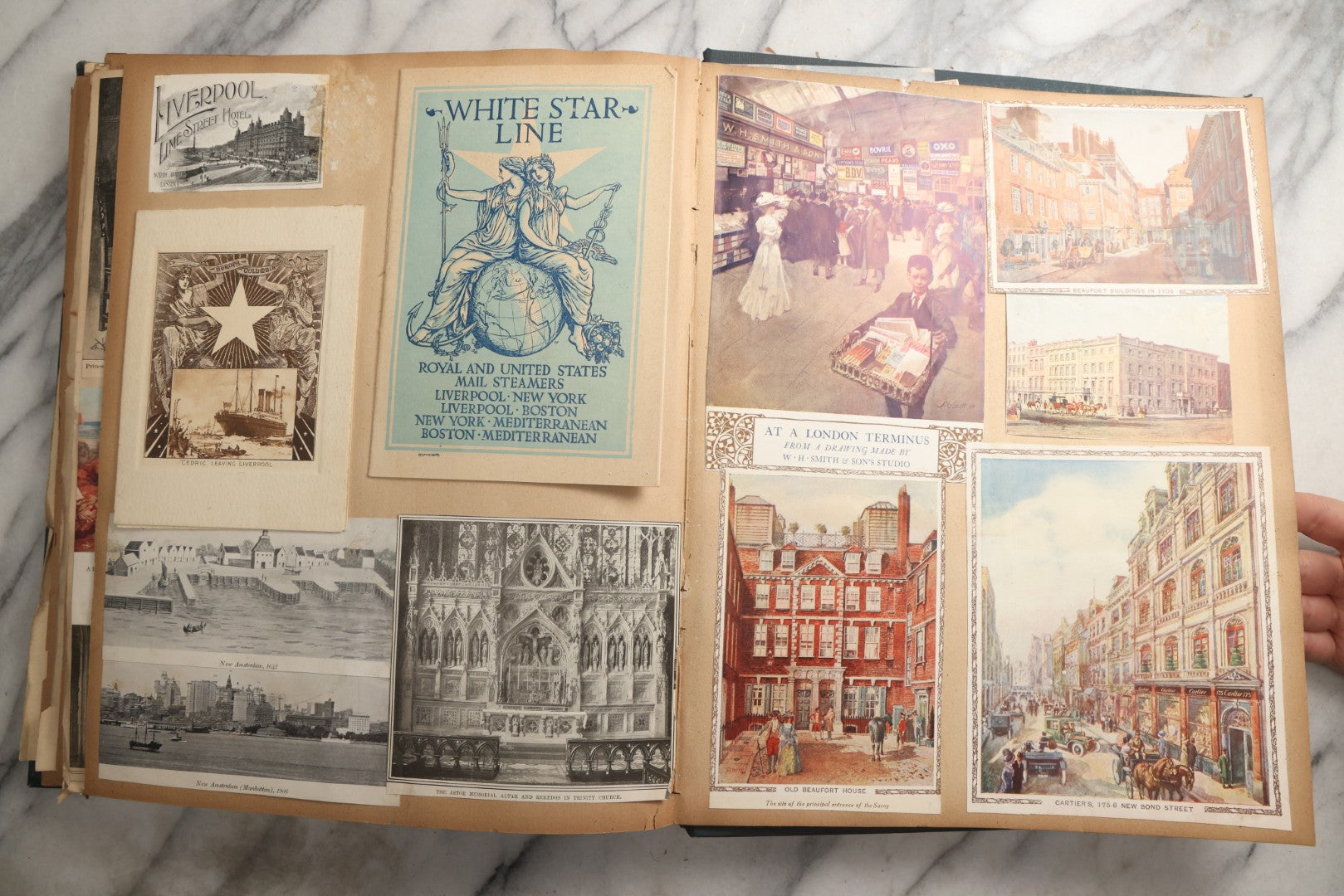 Lot 085 - Antique Blue Scrapbook Album With Gold Lettering, Gold Borders On Front Cover, Gold Lines On Spine, European Travel Ephemera Including Italy, Germany, England, Prague, Pressed Flowers Throughout, Patent March 1876, Circa 1906
