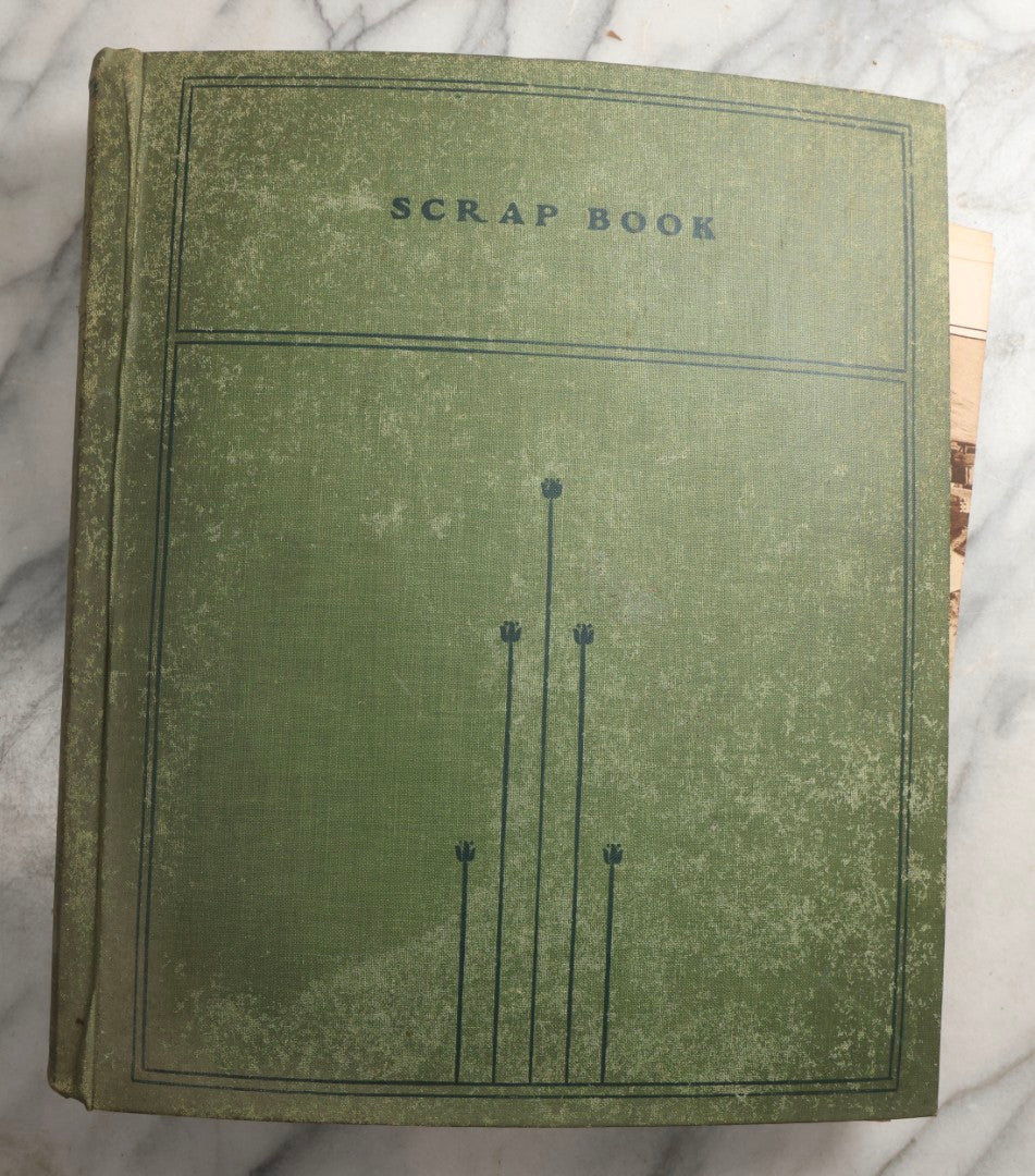 Lot 086 - Antique Green Scrapbook Album Around The World Travel Ephemera Including Japan, India, Ceylon, Hawaii, Egypt, Middle East, Pressed Flowers, Loose Ephemera, Circa 1909