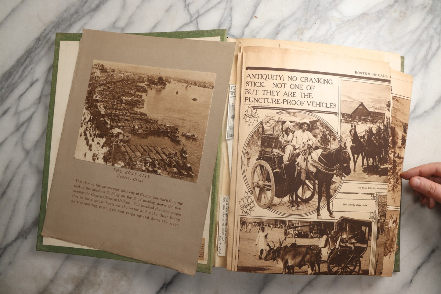 Lot 086 - Antique Green Scrapbook Album Around The World Travel Ephemera Including Japan, India, Ceylon, Hawaii, Egypt, Middle East, Pressed Flowers, Loose Ephemera, Circa 1909