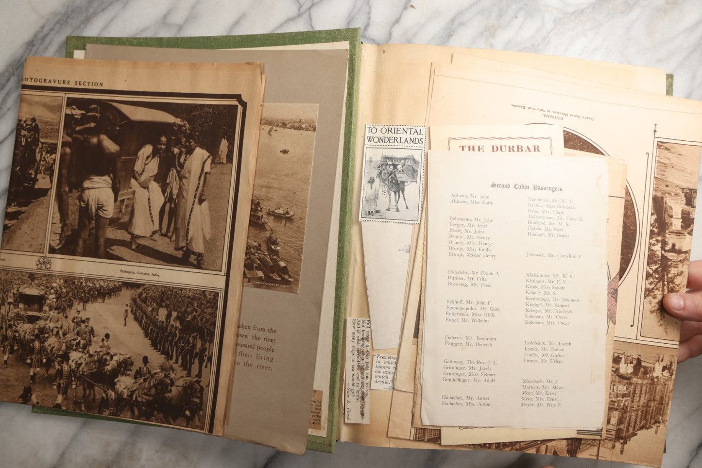 Lot 086 - Antique Green Scrapbook Album Around The World Travel Ephemera Including Japan, India, Ceylon, Hawaii, Egypt, Middle East, Pressed Flowers, Loose Ephemera, Circa 1909