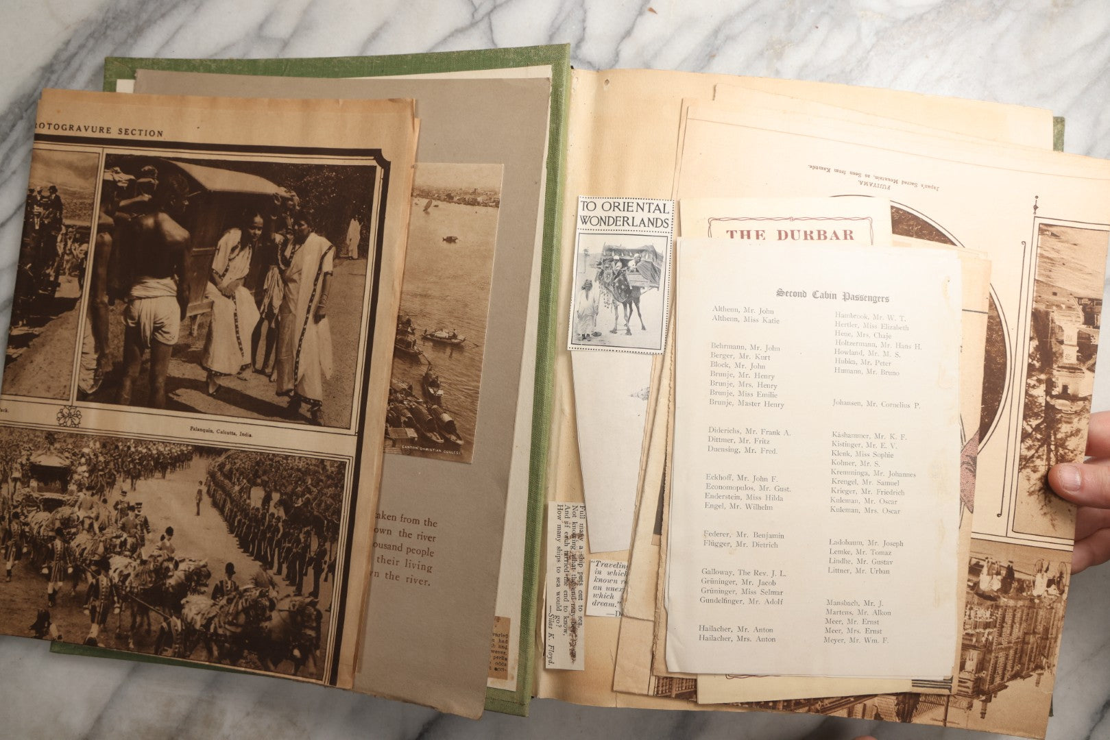 Lot 086 - Antique Green Scrapbook Album Around The World Travel Ephemera Including Japan, India, Ceylon, Hawaii, Egypt, Middle East, Pressed Flowers, Loose Ephemera, Circa 1909