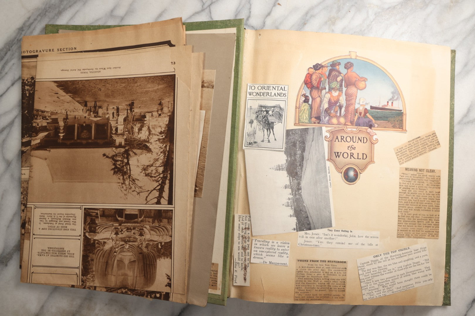 Lot 086 - Antique Green Scrapbook Album Around The World Travel Ephemera Including Japan, India, Ceylon, Hawaii, Egypt, Middle East, Pressed Flowers, Loose Ephemera, Circa 1909