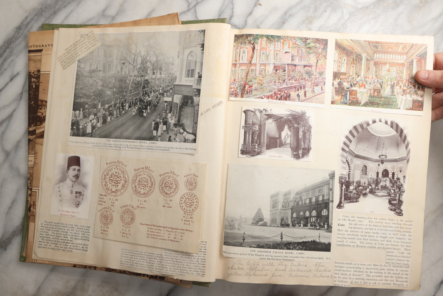 Lot 086 - Antique Green Scrapbook Album Around The World Travel Ephemera Including Japan, India, Ceylon, Hawaii, Egypt, Middle East, Pressed Flowers, Loose Ephemera, Circa 1909