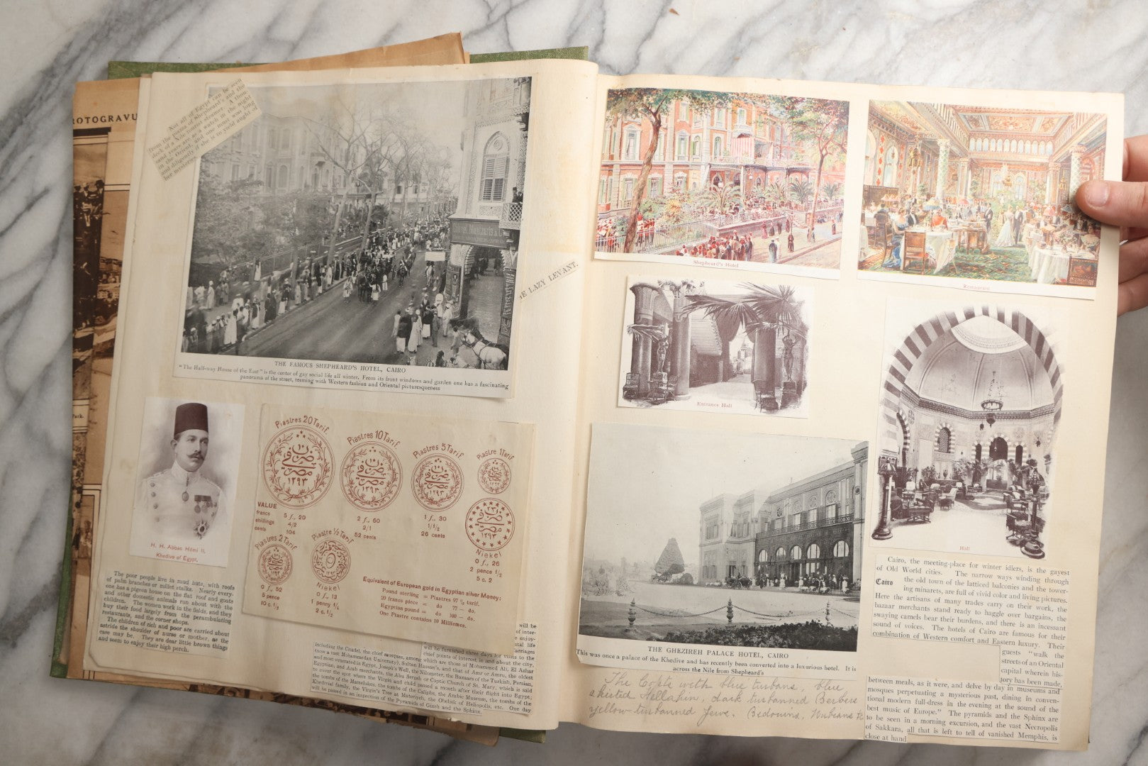 Lot 086 - Antique Green Scrapbook Album Around The World Travel Ephemera Including Japan, India, Ceylon, Hawaii, Egypt, Middle East, Pressed Flowers, Loose Ephemera, Circa 1909