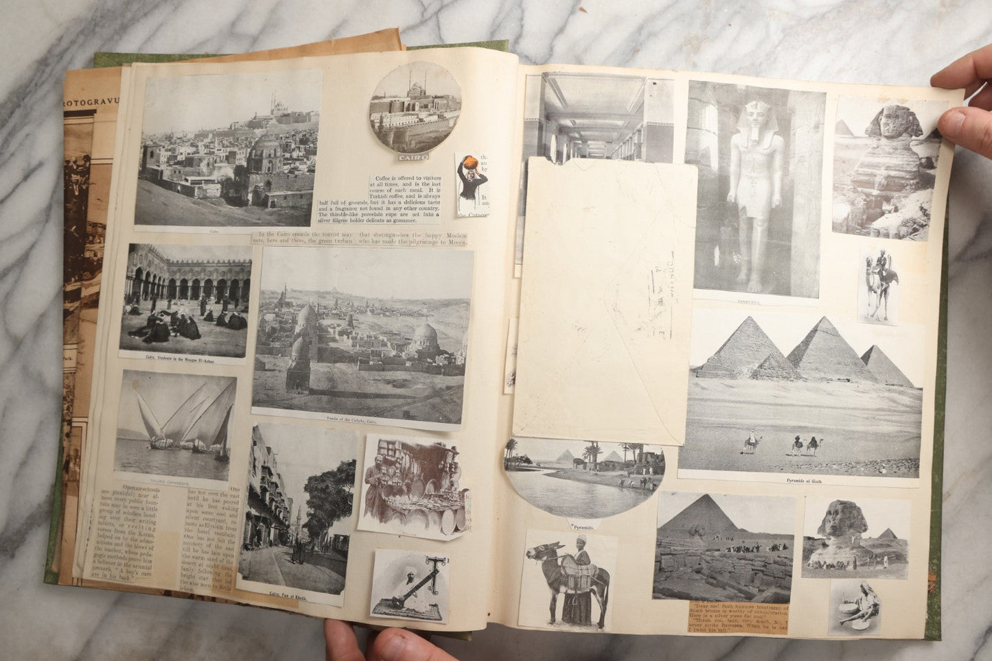 Lot 086 - Antique Green Scrapbook Album Around The World Travel Ephemera Including Japan, India, Ceylon, Hawaii, Egypt, Middle East, Pressed Flowers, Loose Ephemera, Circa 1909