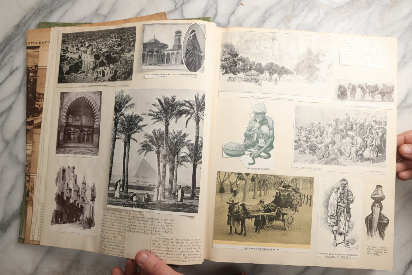 Lot 086 - Antique Green Scrapbook Album Around The World Travel Ephemera Including Japan, India, Ceylon, Hawaii, Egypt, Middle East, Pressed Flowers, Loose Ephemera, Circa 1909