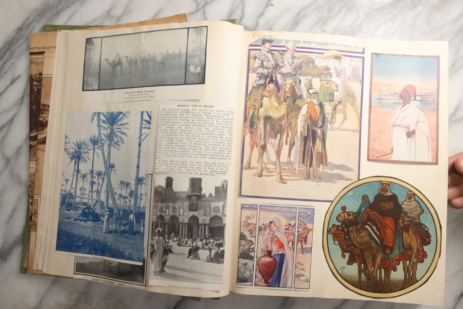 Lot 086 - Antique Green Scrapbook Album Around The World Travel Ephemera Including Japan, India, Ceylon, Hawaii, Egypt, Middle East, Pressed Flowers, Loose Ephemera, Circa 1909